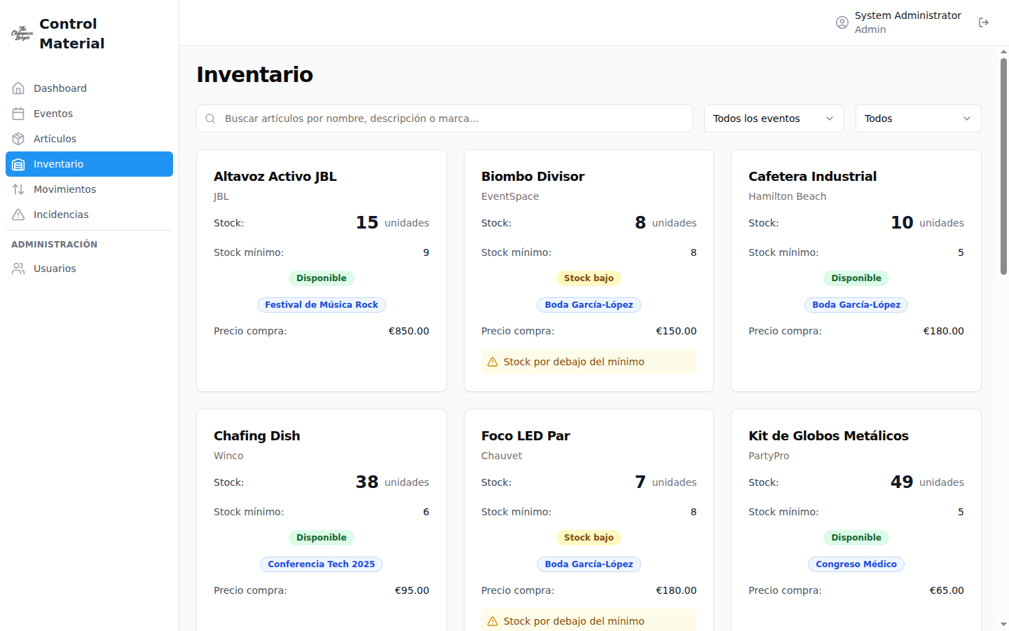 Vista de inventario