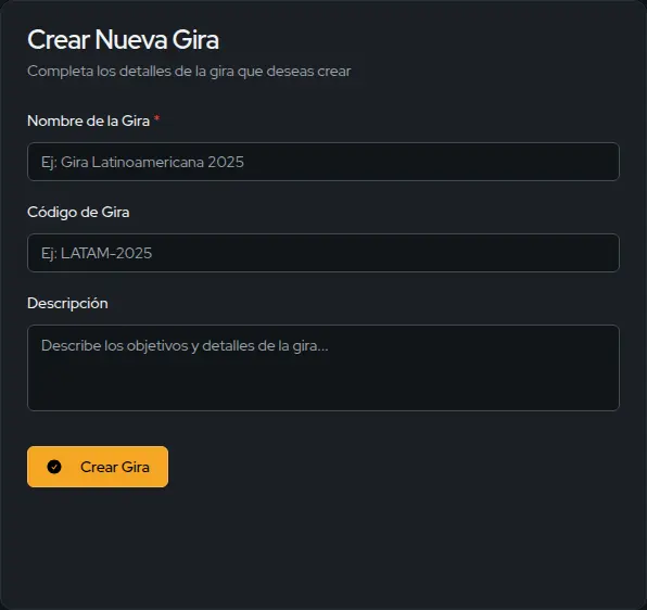 Formulario para crear una gira en el dashboard de eventos